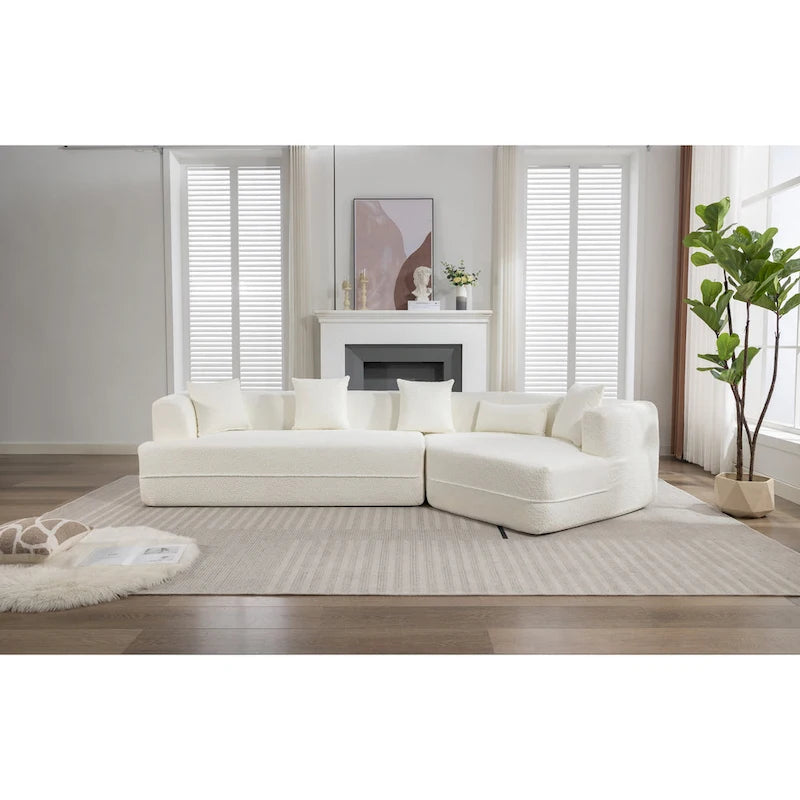 Divano componibile trasformabile in tessuto bouclé bianco crema con combinazione libera