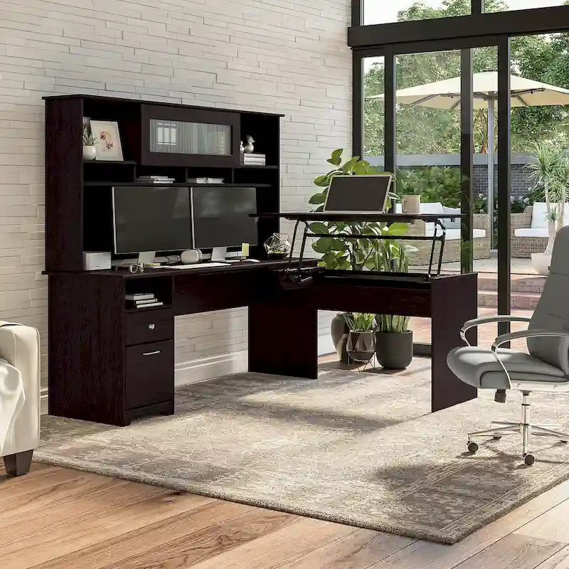 Scrivania a L trasformabile in postazione Sit-Stand a 3 posizioni da 72 W con credenza superiore