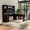 Scrivania a L trasformabile in postazione Sit-Stand a 3 posizioni da 72 W con credenza superiore