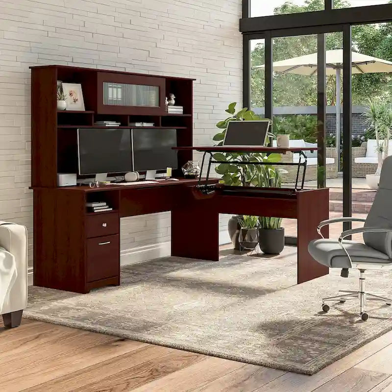 Scrivania a L trasformabile in postazione Sit-Stand a 3 posizioni da 72 W con credenza superiore