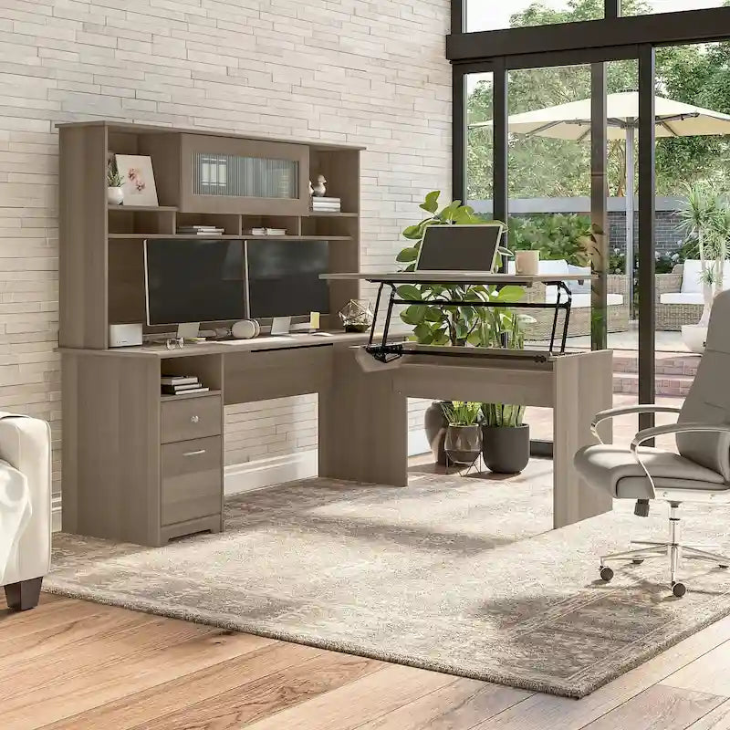 Scrivania a L trasformabile in postazione Sit-Stand a 3 posizioni da 72 W con credenza superiore