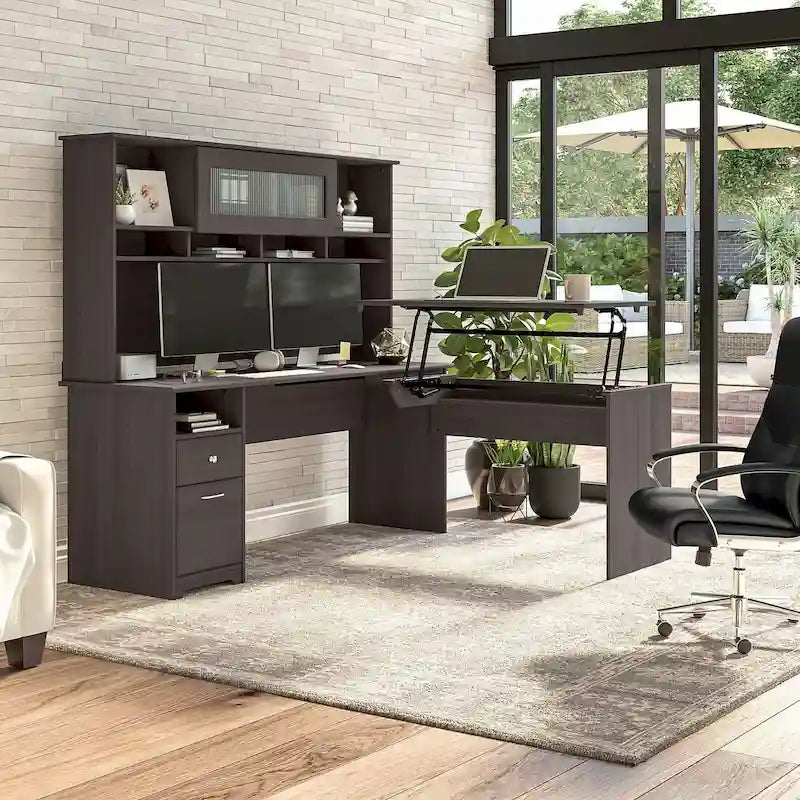Scrivania a L trasformabile in postazione Sit-Stand a 3 posizioni da 72 W con credenza superiore