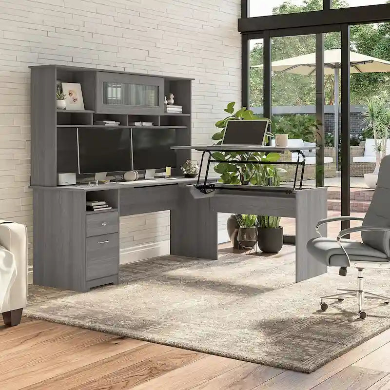 Scrivania a L trasformabile in postazione Sit-Stand a 3 posizioni da 72 W con credenza superiore