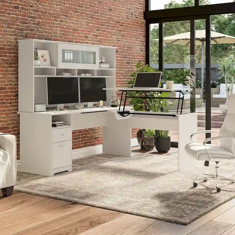Scrivania a L trasformabile in postazione Sit-Stand a 3 posizioni da 72 W con credenza superiore