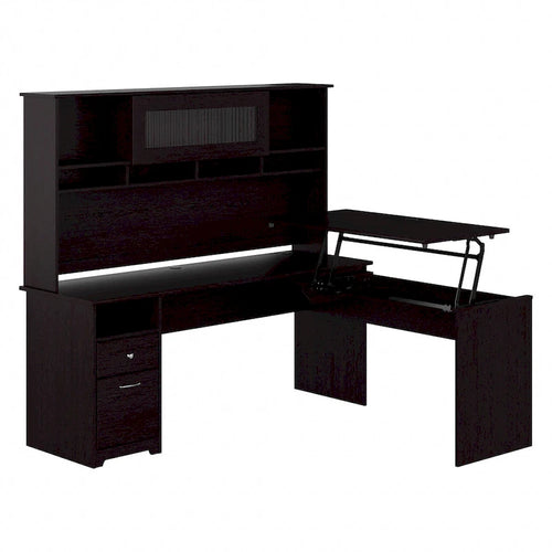 Scrivania a L trasformabile in postazione Sit-Stand a 3 posizioni da 72 W con credenza superiore
