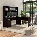Scrivania a L trasformabile in postazione Sit-Stand a 3 posizioni da 72 W con credenza superiore