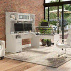 Scrivania a L trasformabile in postazione Sit-Stand a 3 posizioni da 72 W con credenza superiore