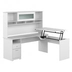 Scrivania a L trasformabile in postazione Sit-Stand a 3 posizioni da 72 W con credenza superiore