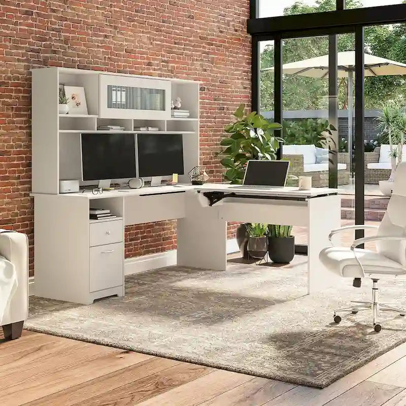 Scrivania a L trasformabile in postazione Sit-Stand a 3 posizioni da 72 W con credenza superiore