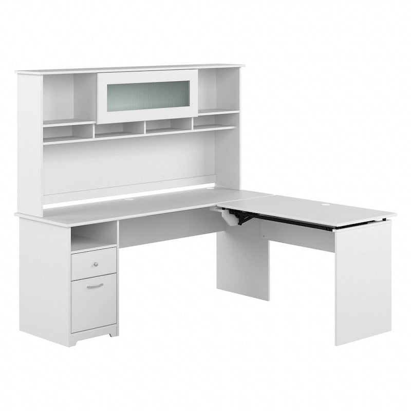 Scrivania a L trasformabile in postazione Sit-Stand a 3 posizioni da 72 W con credenza superiore