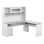 Scrivania a L trasformabile in postazione Sit-Stand a 3 posizioni da 72 W con credenza superiore