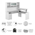 Scrivania a L trasformabile in postazione Sit-Stand a 3 posizioni da 72 W con credenza superiore