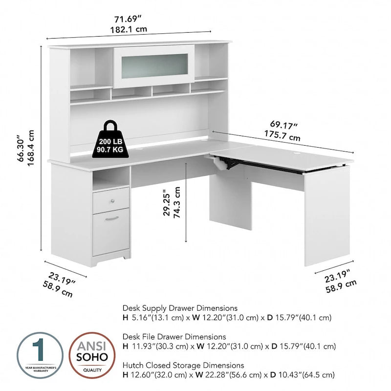 Scrivania a L trasformabile in postazione Sit-Stand a 3 posizioni da 72 W con credenza superiore