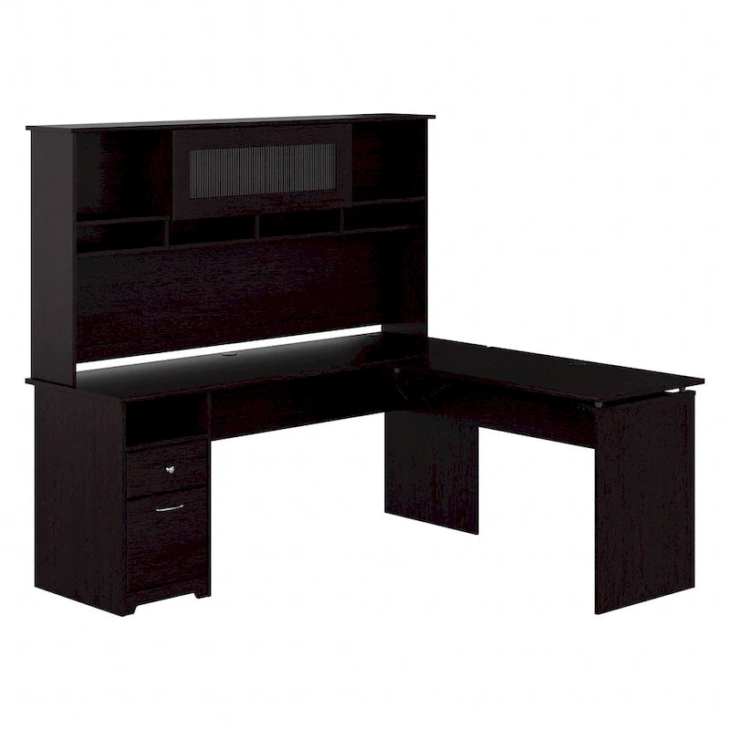Scrivania a L trasformabile in postazione Sit-Stand a 3 posizioni da 72 W con credenza superiore