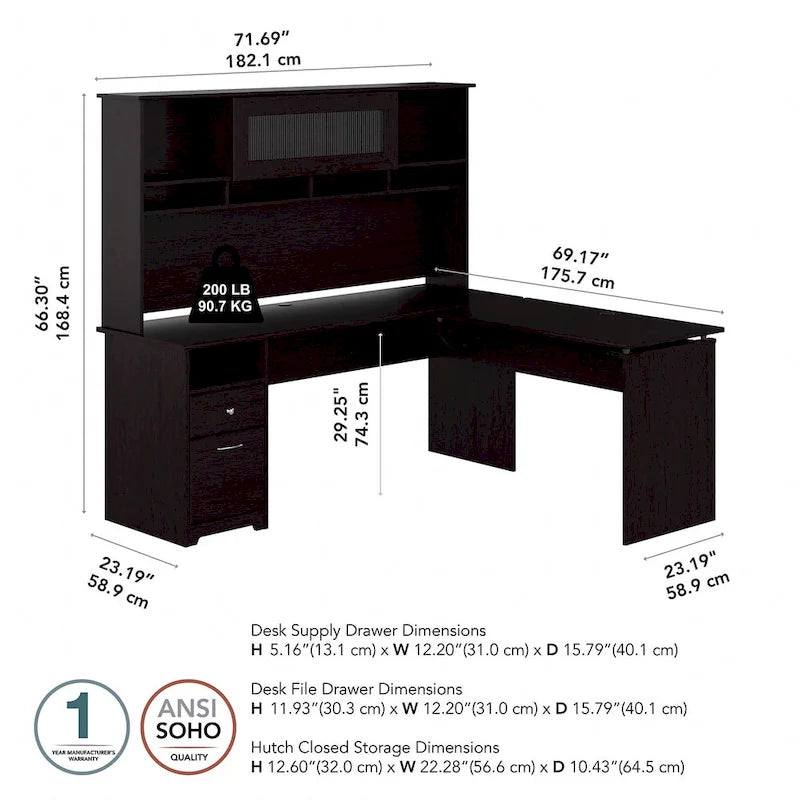 Scrivania a L trasformabile in postazione Sit-Stand a 3 posizioni da 72 W con credenza superiore
