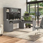 Scrivania a L trasformabile in postazione Sit-Stand a 3 posizioni da 72 W con credenza superiore