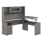 Scrivania a L trasformabile in postazione Sit-Stand a 3 posizioni da 72 W con credenza superiore