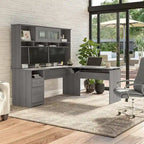 Scrivania a L trasformabile in postazione Sit-Stand a 3 posizioni da 72 W con credenza superiore