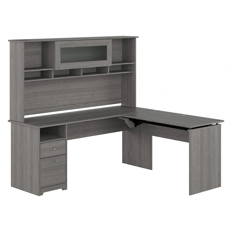 Scrivania a L trasformabile in postazione Sit-Stand a 3 posizioni da 72 W con credenza superiore