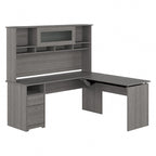 Scrivania a L trasformabile in postazione Sit-Stand a 3 posizioni da 72 W con credenza superiore