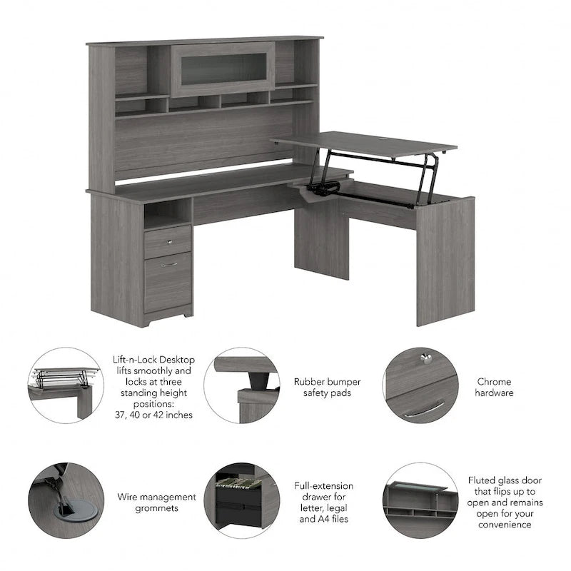 Scrivania a L trasformabile in postazione Sit-Stand a 3 posizioni da 72 W con credenza superiore