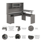 Scrivania a L trasformabile in postazione Sit-Stand a 3 posizioni da 72 W con credenza superiore