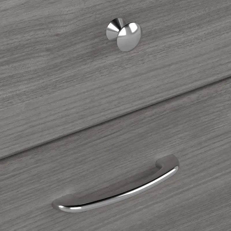 Scrivania a L trasformabile in postazione Sit-Stand a 3 posizioni da 72 W con credenza superiore
