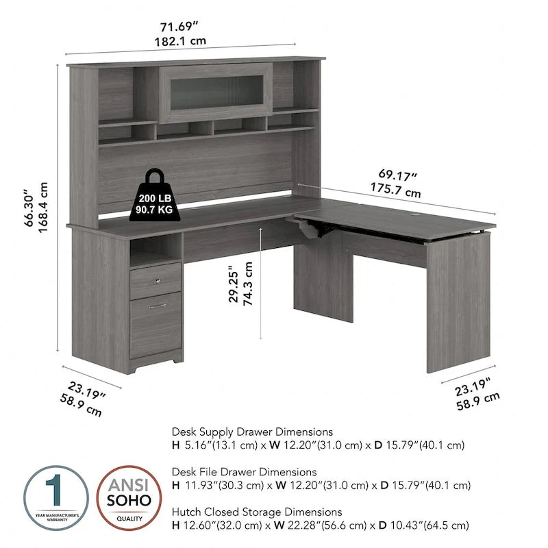 Scrivania a L trasformabile in postazione Sit-Stand a 3 posizioni da 72 W con credenza superiore