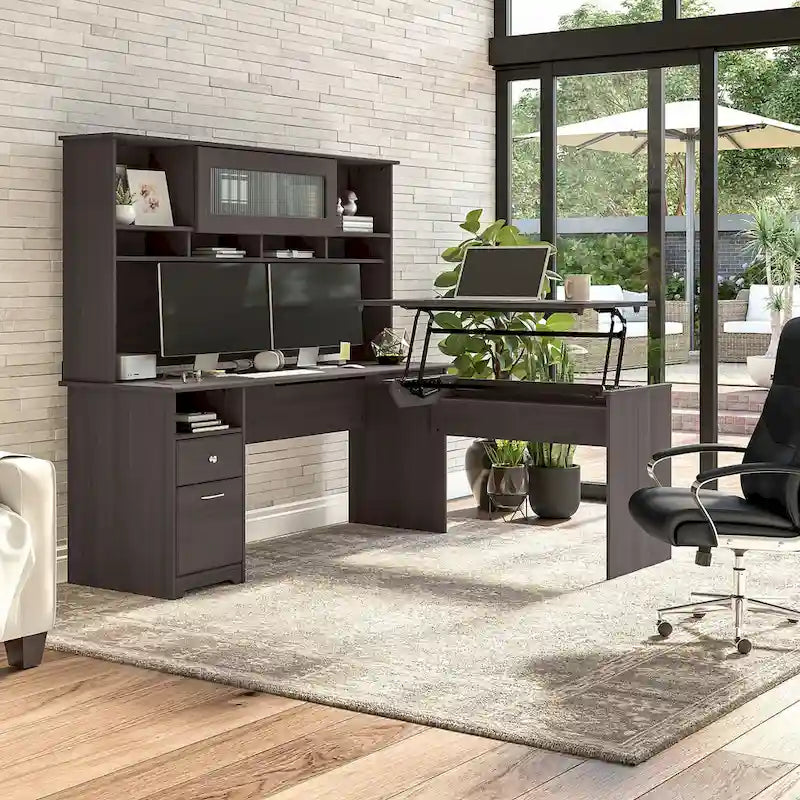 Scrivania a L trasformabile in postazione Sit-Stand a 3 posizioni da 72 W con credenza superiore