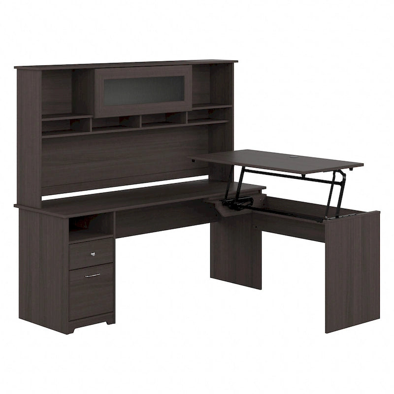 Scrivania a L trasformabile in postazione Sit-Stand a 3 posizioni da 72 W con credenza superiore