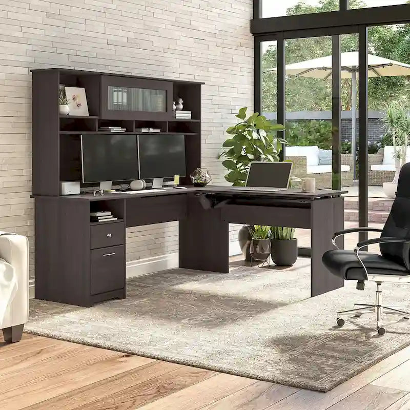 Scrivania a L trasformabile in postazione Sit-Stand a 3 posizioni da 72 W con credenza superiore