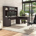 Scrivania a L trasformabile in postazione Sit-Stand a 3 posizioni da 72 W con credenza superiore