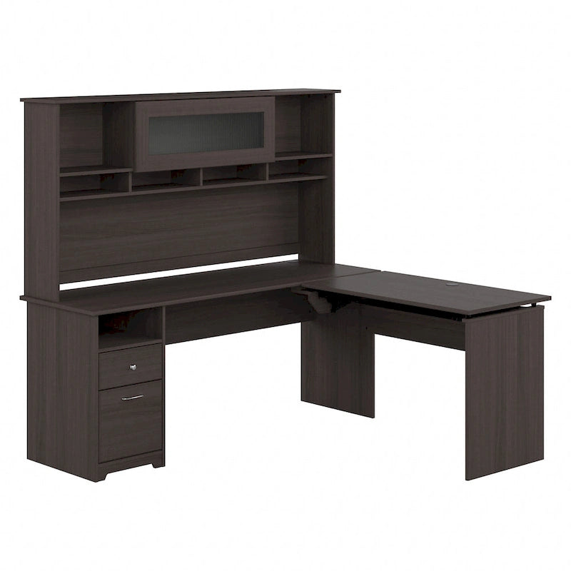 Scrivania a L trasformabile in postazione Sit-Stand a 3 posizioni da 72 W con credenza superiore