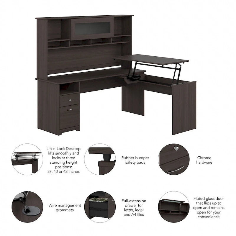 Scrivania a L trasformabile in postazione Sit-Stand a 3 posizioni da 72 W con credenza superiore