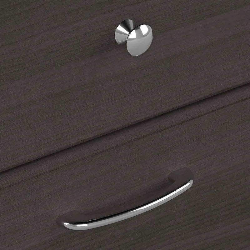 Scrivania a L trasformabile in postazione Sit-Stand a 3 posizioni da 72 W con credenza superiore