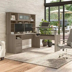 Scrivania a L trasformabile in postazione Sit-Stand a 3 posizioni da 72 W con credenza superiore