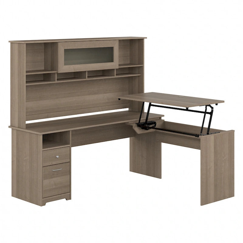 Scrivania a L trasformabile in postazione Sit-Stand a 3 posizioni da 72 W con credenza superiore