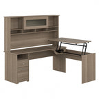 Scrivania a L trasformabile in postazione Sit-Stand a 3 posizioni da 72 W con credenza superiore