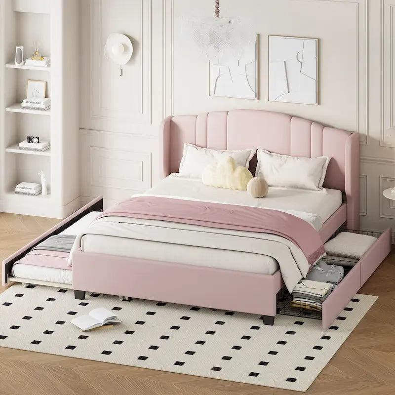 Queen Linen Platform Bed with Trundle & 2 Drawers, No Box Spring Needed