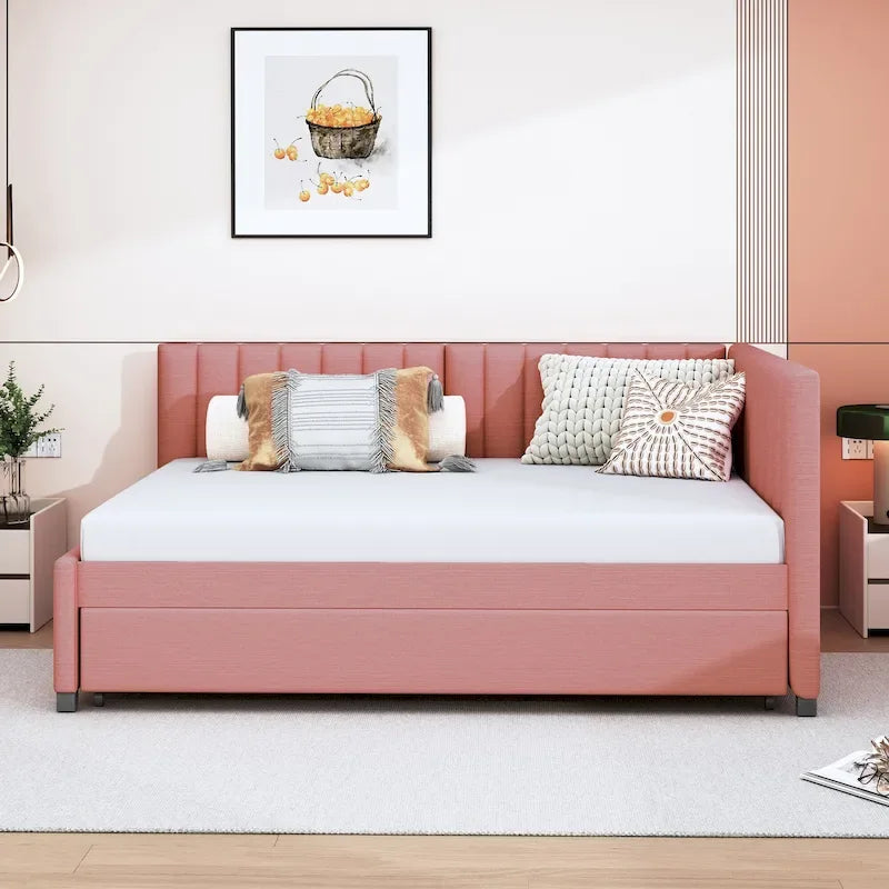 Letto da giorno imbottito Full Size con divano letto estraibile, senza bisogno di rete a molle, tessuto in lino, beige