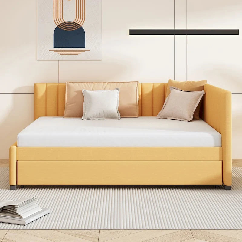 Letto da giorno imbottito Full Size con divano letto estraibile, senza bisogno di rete a molle, tessuto in lino, beige