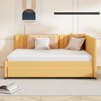 Letto da giorno imbottito Full Size con divano letto estraibile, senza bisogno di rete a molle, tessuto in lino, beige