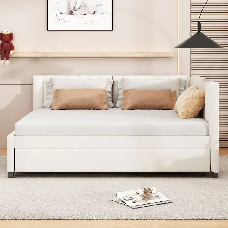 Letto da giorno imbottito Full Size con divano letto estraibile, senza bisogno di rete a molle, tessuto in lino, beige