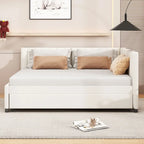 Letto da giorno imbottito Full Size con divano letto estraibile, senza bisogno di rete a molle, tessuto in lino, beige