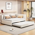 Letto da giorno imbottito Full Size con divano letto estraibile, senza bisogno di rete a molle, tessuto in lino, beige