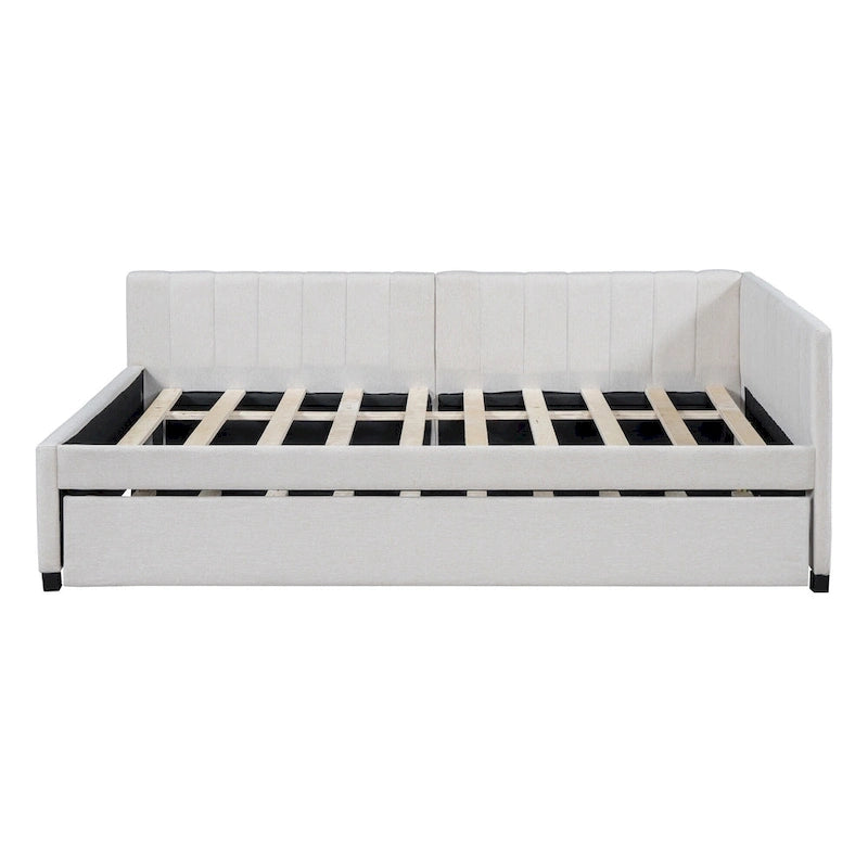 Letto da giorno imbottito Full Size con divano letto estraibile, senza bisogno di rete a molle, tessuto in lino, beige