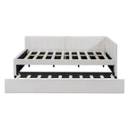 Letto da giorno imbottito Full Size con divano letto estraibile, senza bisogno di rete a molle, tessuto in lino, beige