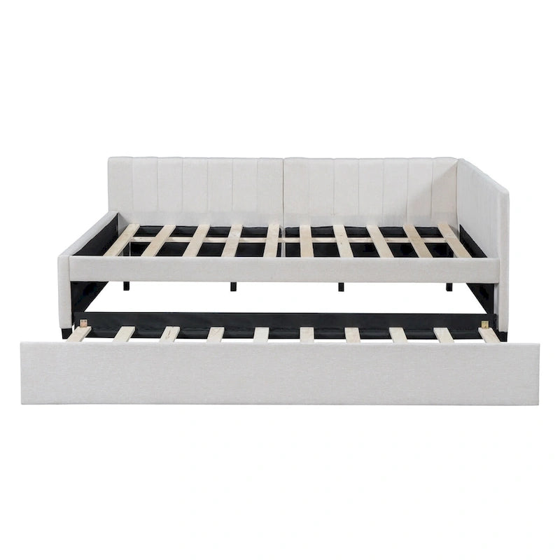 Letto da giorno imbottito Full Size con divano letto estraibile, senza bisogno di rete a molle, tessuto in lino, beige