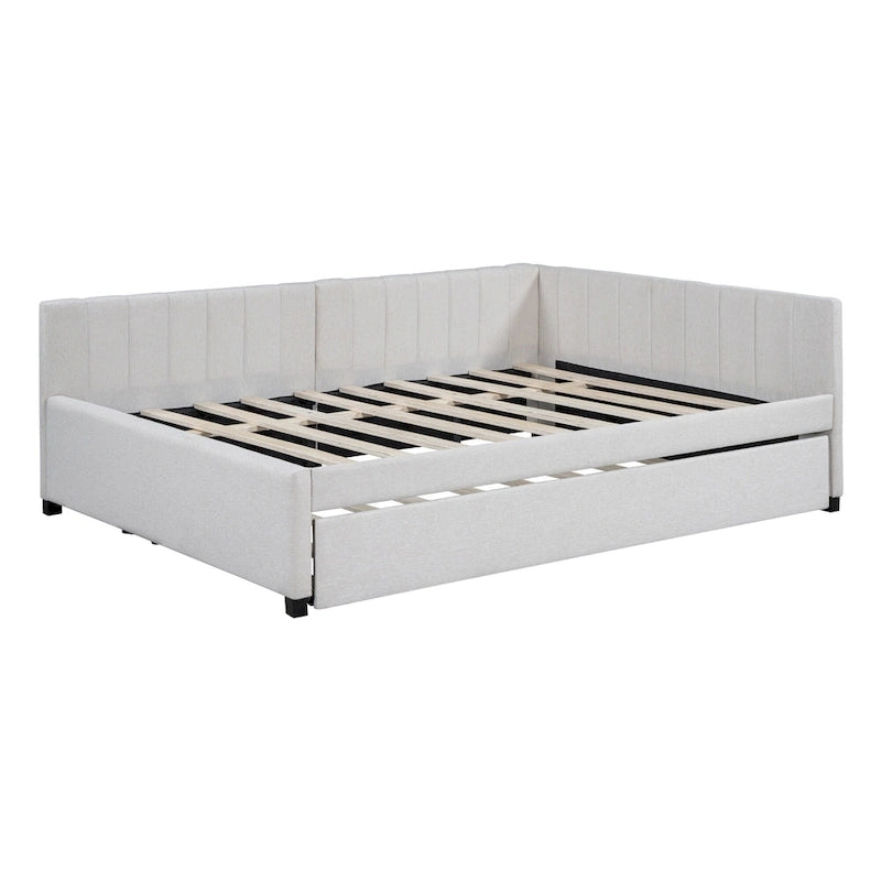 Letto da giorno imbottito Full Size con divano letto estraibile, senza bisogno di rete a molle, tessuto in lino, beige