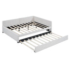 Letto da giorno imbottito Full Size con divano letto estraibile, senza bisogno di rete a molle, tessuto in lino, beige